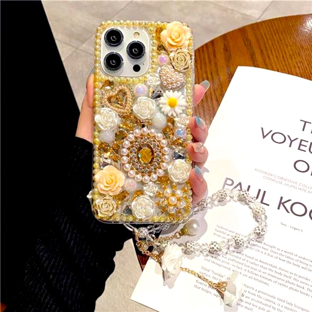 For Iphones Champagne Rose Bling Diamond Phone Case Flower Strap